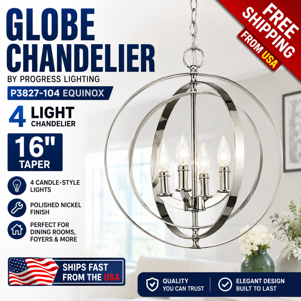 Progress Lighting P3827-104 Equinox 4-Light 16" Globe Chandelier Polished Nickel